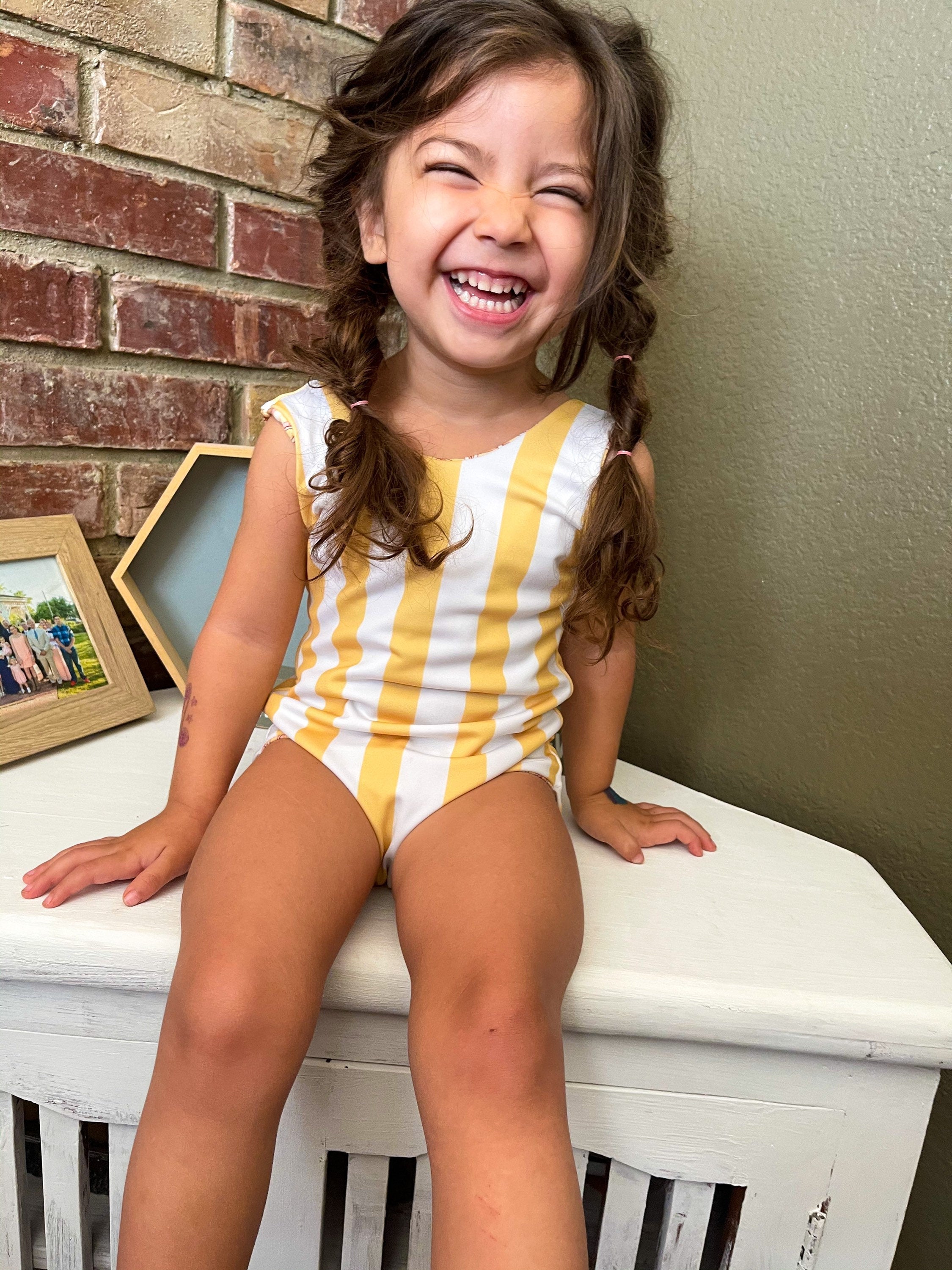 Lemons and Yellow and White Stripe Reversible Baby Swimsuit