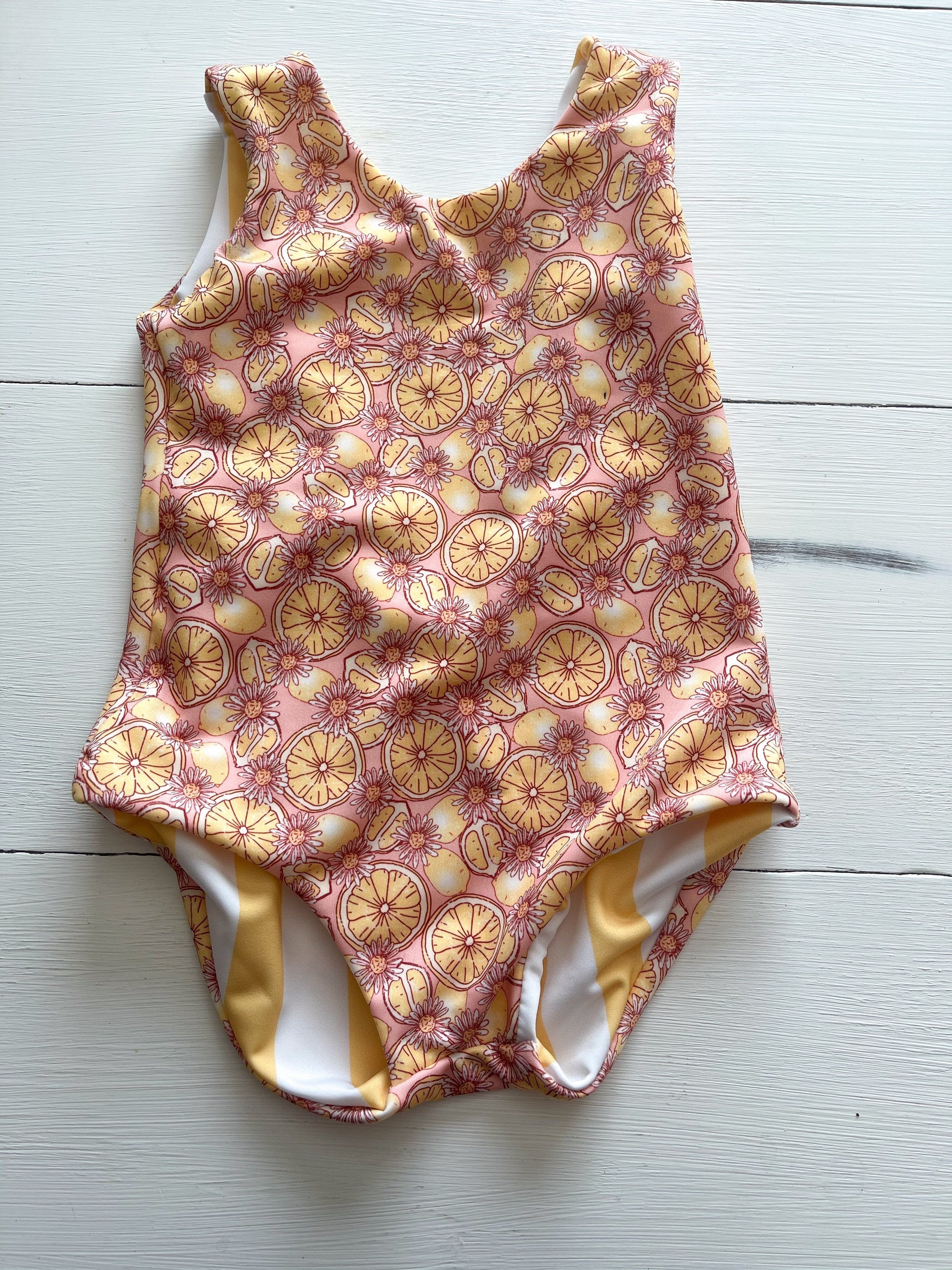 Lemons and Yellow and White Stripe Reversible Baby Swimsuit