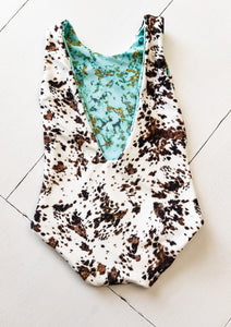 Western Cowhide and Marble Baby Girl Reversible One Piece Swimsuit