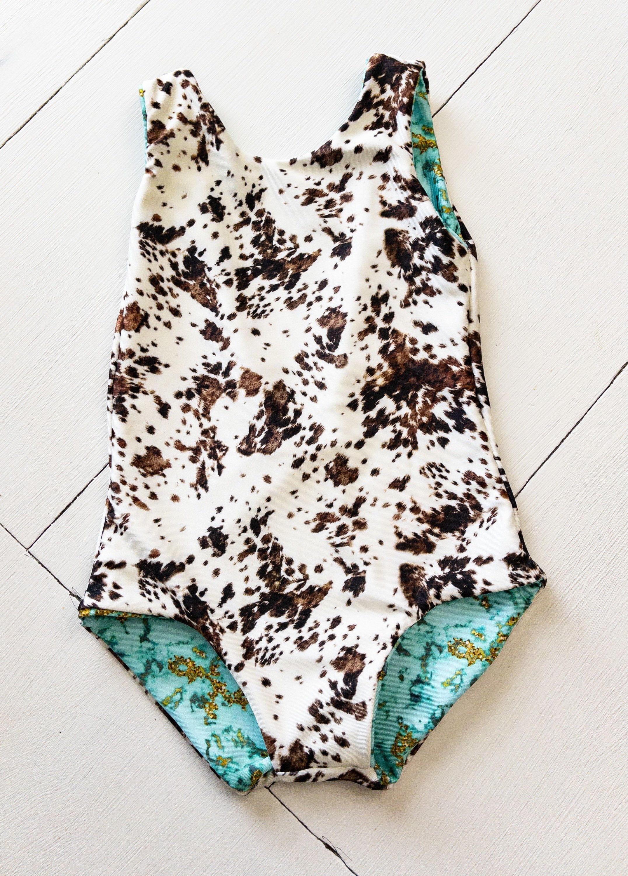 Western Cowhide and Marble Baby Girl Reversible One Piece Swimsuit