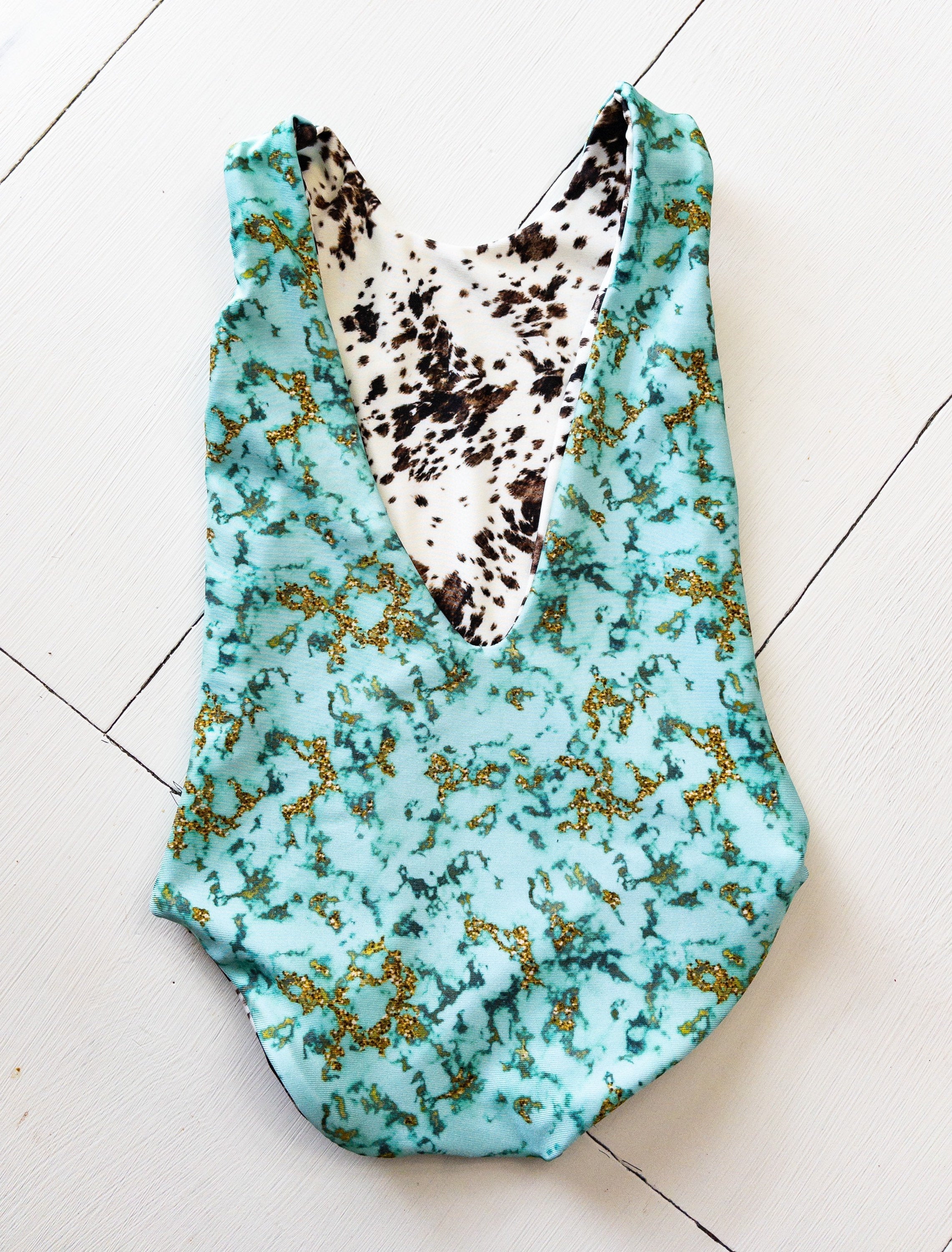 Western Cowhide and Marble Baby Girl Reversible One Piece Swimsuit