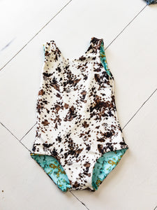 Western Cowhide and Marble Baby Girl Reversible One Piece Swimsuit